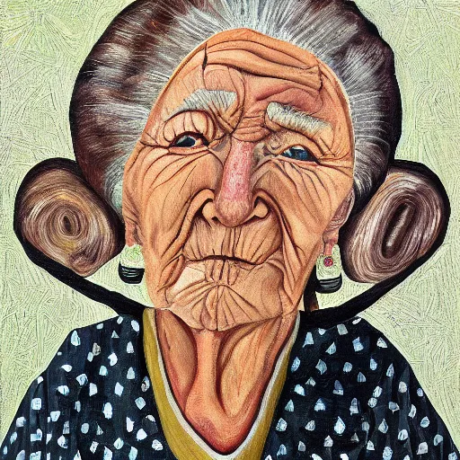 Image similar to painting of a wrinkled old woman, appalachian folk art