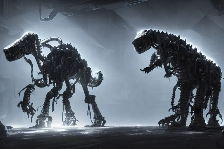 Prompt: robosaurus parallax datacenter server room interior single mono colossus white rusty robot sitting artstation cinematic detailed concept art volumetric light sharp coherent cgsociety symmetric perfect well balanced shadows lotr goddess