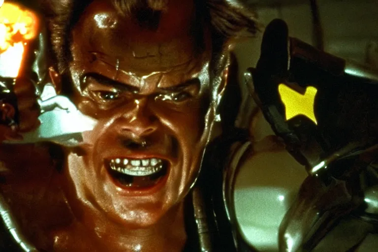 Image similar to Jack Nicholson plays Pikachu Terminator, action scene where his endoskeleton gets exposed and his eye glows red, still from the film