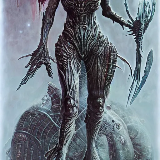 Prompt: portrait of samus metroid by hr giger and wayne barlowe as a diablo, dark souls, bloodborne monster, veiled necromancer lich bride