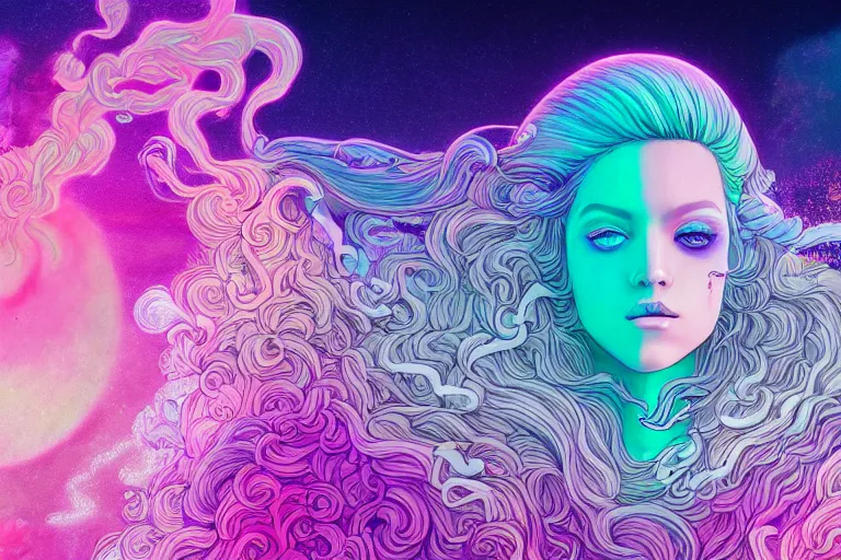 Prompt: cell shaded, muted vaporwave ombre. double exposure, replicant druid of creativity, flowing hair, beautiful character fashion design, by josan gonzalez, shag, nagel, and paul lehr and david heskin and seb mckinnon and jared s. merantz and alex grey, hi - fructose, 8 k, digital matte painting