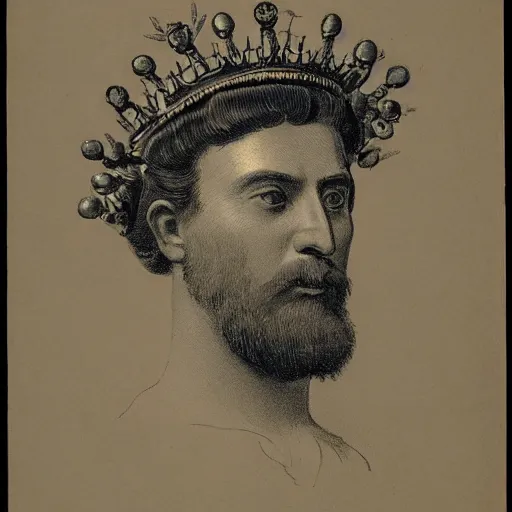 Image similar to a portrait of the head of a robot emperor with a crown of laurels ( c. 1 8 8 0 - 1 8 9 2 ) drawing in high resolution by otto eerelman