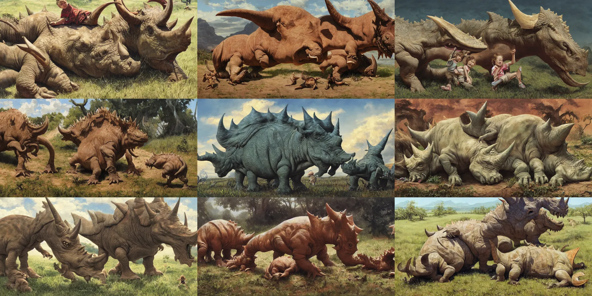 Prompt: kids playing around a sleeping triceratops, gouache painting by james gurney, very detailed, 4 k, high quality