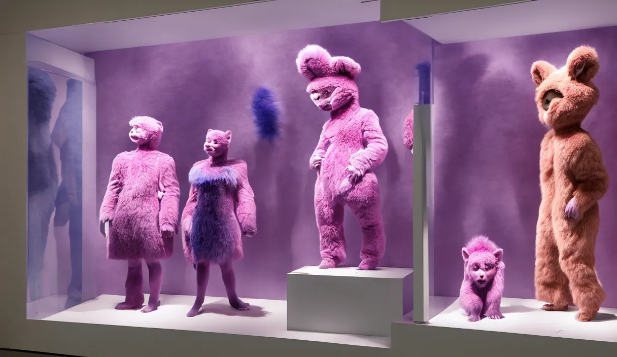 Image similar to diorama windowstore vitrine at the american museum of natural history, new york, of very realistic dissected in furry pink and blue and iridiscent teletubbies as furry animals, photography portrait aesthetic by guy bourdin, museum artifact