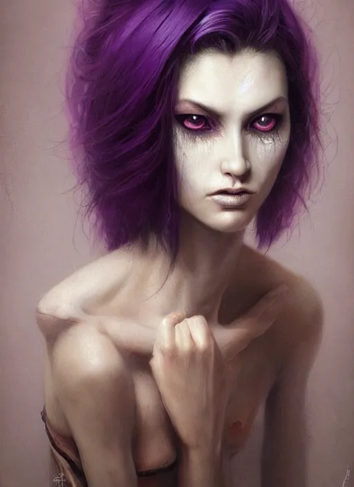 Prompt: a detailed facial portrait of a female nekomata with purple hair and orange eyes, a beautiful face, mutation, by tom bagshaw, by dorian cleavenger, zdzisław beksinski, bastien lecouffe - deharme trending on artstation