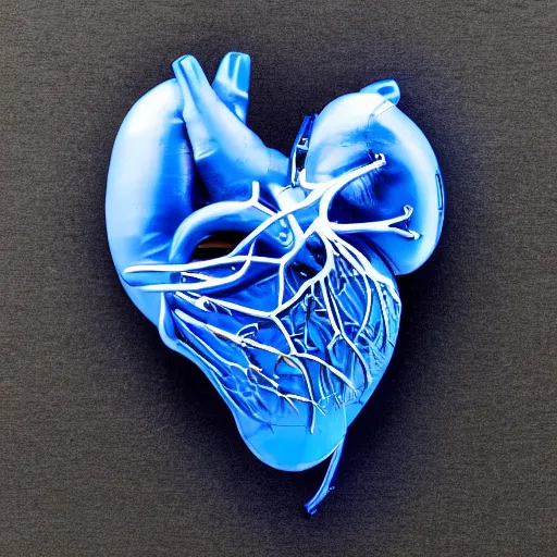 Prompt: an anatomically correct cybertronic human heart, biomechanical, made of blue metal, reflective