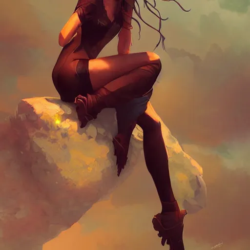 Image similar to woman perched on a rock fantasy digital art by guweiz trending on artstation