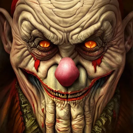 Image similar to digital painting of a wrinkled old scary clown by filipe pagliuso and justin gerard, symmetric, fantasy, highly, detailed, realistic, intricate