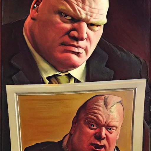 Image similar to brock lesnar as baron harkonnen is dismayed to find no option for oil on the menu, painted by norman rockwell and tom lovell and frank schoonover