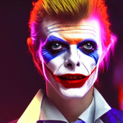 Image similar to awe inspiring David Bowie pkaying The Joker 8k hdr movie still dynamic lighting