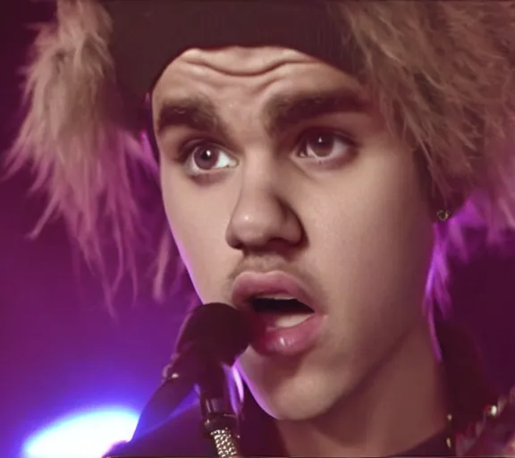 Image similar to color still shot of justin bieber lead singer performing in music group insane clown posse, face closeup, detailed