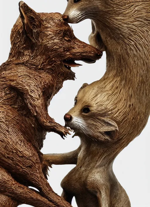 Image similar to sculpture of rat kissing the fox made of wood, portrait, female, future, wood, tree, harper's bazaar, vogue, magazine, insanely detailed and intricate, concept art, close up, ornate, luxury, elite, elegant, trending on artstation, by ruan jia, by Kenneth Willardt, by ross tran, by WLOP, by Andrei Riabovitchev,