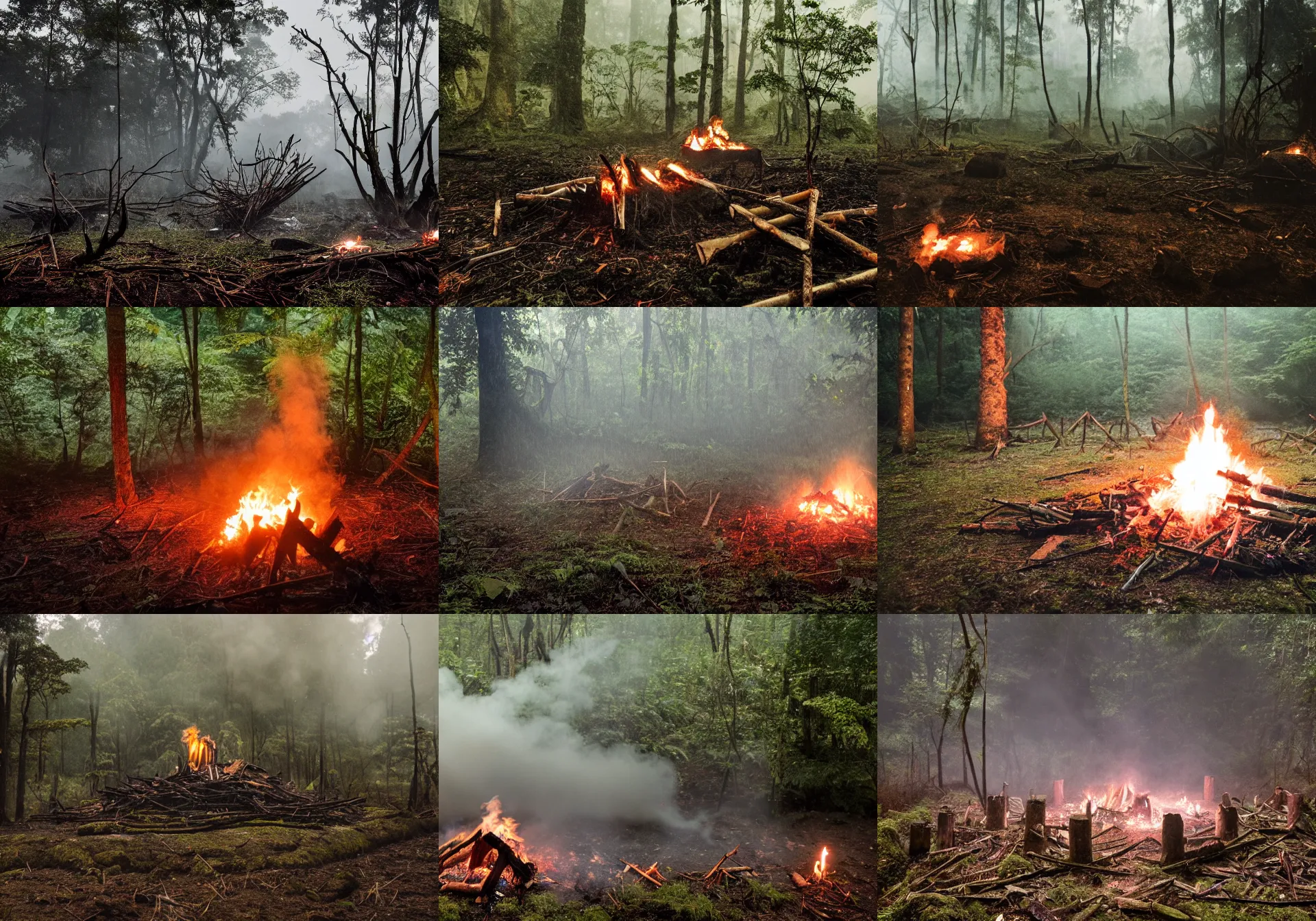 Prompt: photo of abandoned site of a ritualistic barbarian ceremony in a rain forest clearing, twilight, ominous bonfire with smoke emanating, award-winning magazine photo