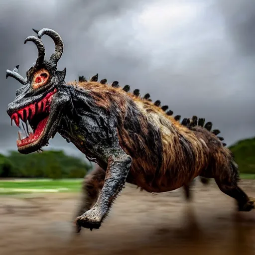 Image similar to horror, action photo, hd, depth of field, moody, a monstrous mutant goat creature is galloping across a muddy medieval village square in daylight, filthy matted fur, human eyes, disturbing, mutated, crocodile - like teeth