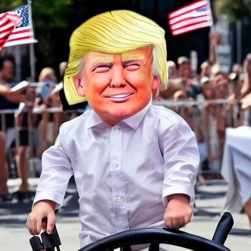 Prompt: donald trump in a ballerina in a tricycle, crying, 4k hd