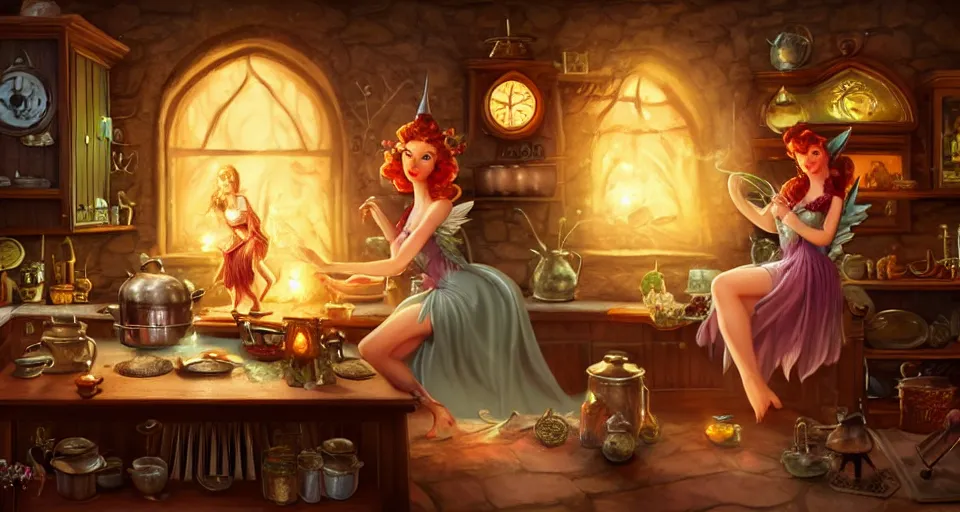 Image similar to a close - up of a fairy in a vintage magical kitchen, with a fireplace in the background d & d, fantasy, intricate, elegant, digital painting, artstation, concept art, smooth, sharp focus, sticker illustration