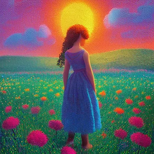 Image similar to girl with flower afro, standing in a field with flowers, hills, big trees, sunrise dramatic light, impressionist painting, colorful clouds, digital painting, pointillism, artstation, simon stalenhag