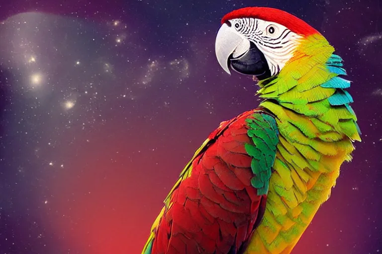 Image similar to “Portrait of a parrot” wearing a beautiful Costume , on a dark nebula background” digital Art, concept Art, highly detailed, 3-D 4K, trending on art station, Award winning, Alexander Hamilton style,