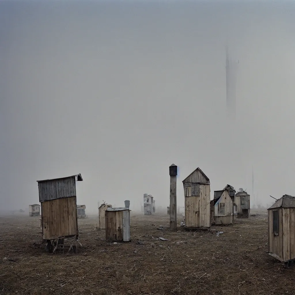 Prompt: two towers, made up of makeshift squatter shacks with faded colours, plain uniform sky at the back, uneven fog, dystopia, mamiya, f 1 1, fully frontal view, ultra sharp, very detailed, photographed by julie blackmon