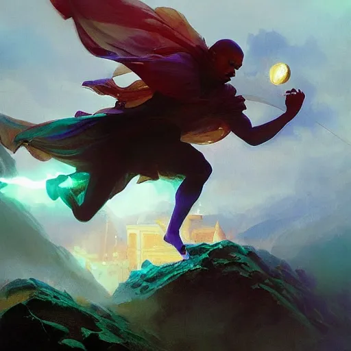 Image similar to ''cinematic shot'' charles barkley chaos dunk sparks flying simetrical 8 k atmosferic realistic, green cape, holding a bell, made by ivan aivazovsky, peter mohrbacher, greg rutkowski volumetric light effect broad light oil painting painting fantasy art style sci - fi art style realism premium prints available artwork unreal engine