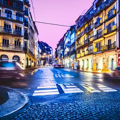 Image similar to cinematic shot of the city of Porto Portugal, with neon lights and flying cars