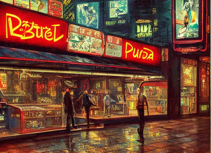 Prompt: the only open cyberpunk blade runner fast food stand in the cyberpunk city during a melancholy rainy night by salvadore dali