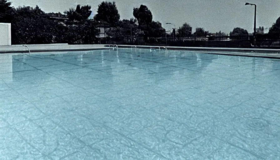 Prompt: 1 9 6 0 s movie still of an empty blue and yellow tiles municipal swimmingpool, low quality, liminal space style