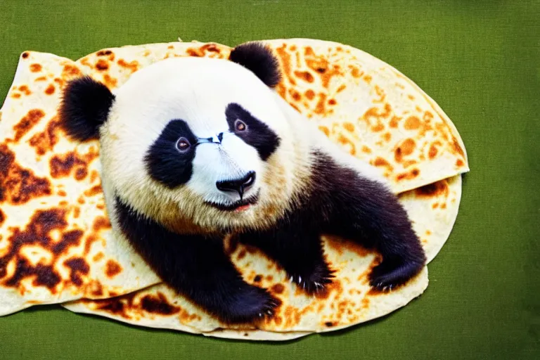 Image similar to a photo of a giant mutant panda quesadilla in its natural habitat, kodak ektachrome e 1 0 0 photography