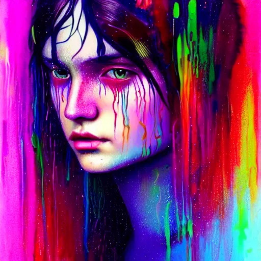 Image similar to portrait of girl in colored psychedelic rain with wet hair and face, fantasy, intricate, elegant, dramatic lighting, intense emotion, highly detailed, lifelike, photorealistic, digital painting, artstation, concept art, smooth, sharp focus, illustration, art by John Collier and Albert Aublet and Krenz Cushart and Artem Demura and Alphonse Mucha