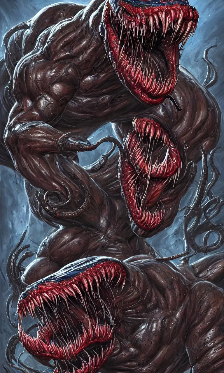 Image similar to hyper realist three quarter angle full body long shot of bodybuilder venom from marvel comics!!!!, large mouth with teeth, large tongue, lovecraftian horror!!, fantasy, intricate, elegant, highly detailed, digital painting, artstation, concept art, matte, sharp focus, illustration, art by glenn fabry and giger