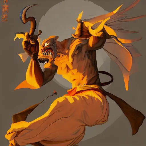 Image similar to winged daemon monk, disney's gargoyles, chaos magic, unarmed combat, fierce opponent, adventure, art station, anime energy, fantasy concept