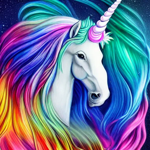 Image similar to luminescent detailed airbrush painting of magical white unicorn with long flowing rainbow colored mane