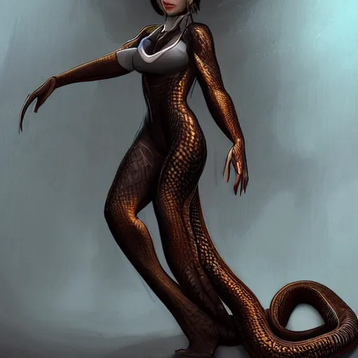 Image similar to snake human hybrid, chest up human lower half snake. full body shot, long slender body, snake tail for leg, black scales, bright amber eyes, chest covered in scales, scales on her chest, formless brests, flat chest, smileing nright, cinematographic shot, artstation, haahn trinh, naga