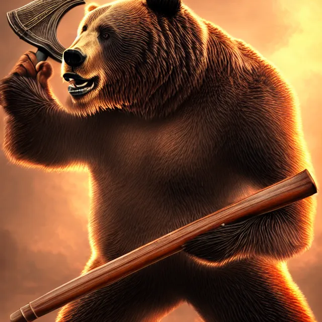 Prompt: bear warrior with a war hammer, artgerm, highly detailed, 8 k, hdr, close up, smooth, sharp focus, high resolution, award - winning photo