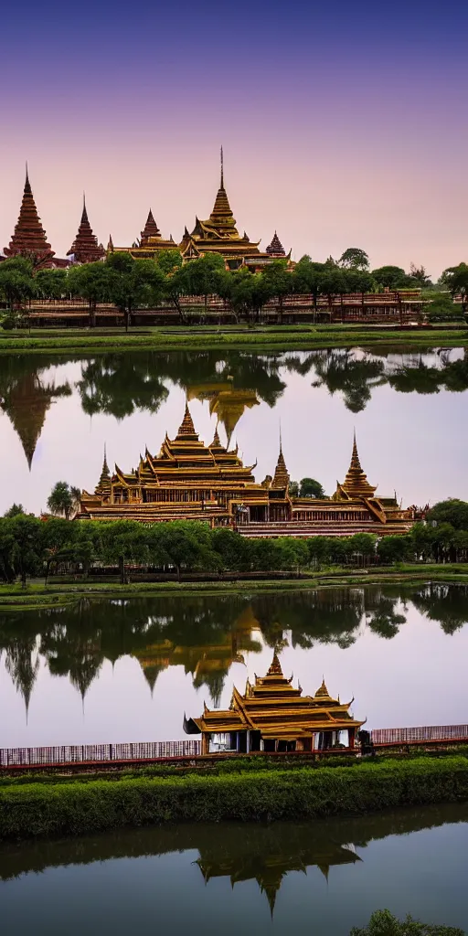 Prompt: beautiful!!!! environmental wide angle shot photograph of the mandalay palace and the moat surrounding it, Beautiful water reflections,, Ultra-wide Angle, DSLR, cinematic lighting!!!!, 4k, award-winning