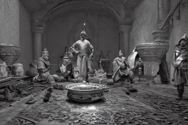 Image similar to still photo of 8 th century people looking shocked at the camera, black and white color aesthetic, highly detailed, photorealistic portrait, bright studio setting, studio lighting, crisp quality and light reflections, unreal engine 5 quality render