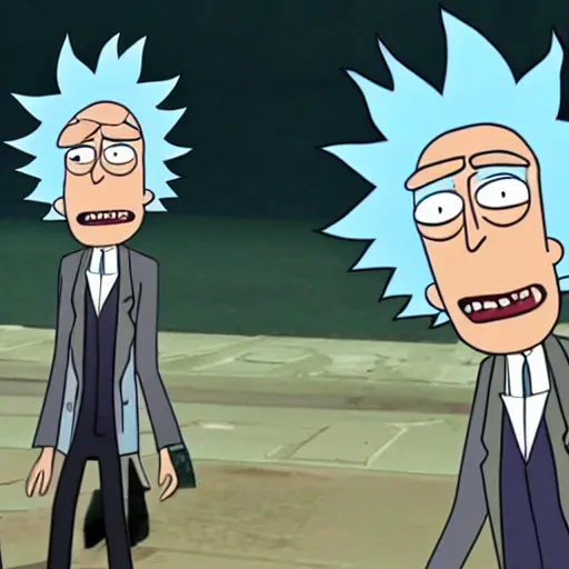 Image similar to rick sanchez, from rick and morty, breaking the simulation