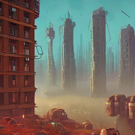 Prompt: crumbling ruined city, sci - fi digital art by simon stalenhag