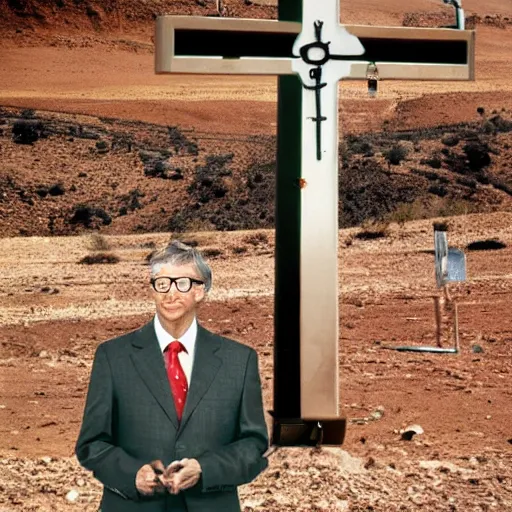 Prompt: bill gates on the cross in the desert surrounded by medical equipment. horror movie photograph.