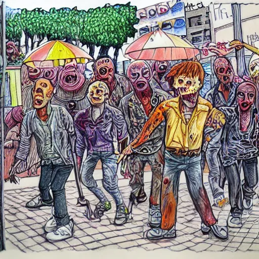 Image similar to zombies in the street of tel aviv. pen drawing. realistic. colorful.