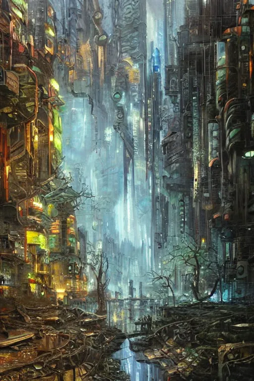 Prompt: beautiful oil painting of a subterranean cyberpunk city with abandoned houses fantasy trees, water, painted by James Gurney