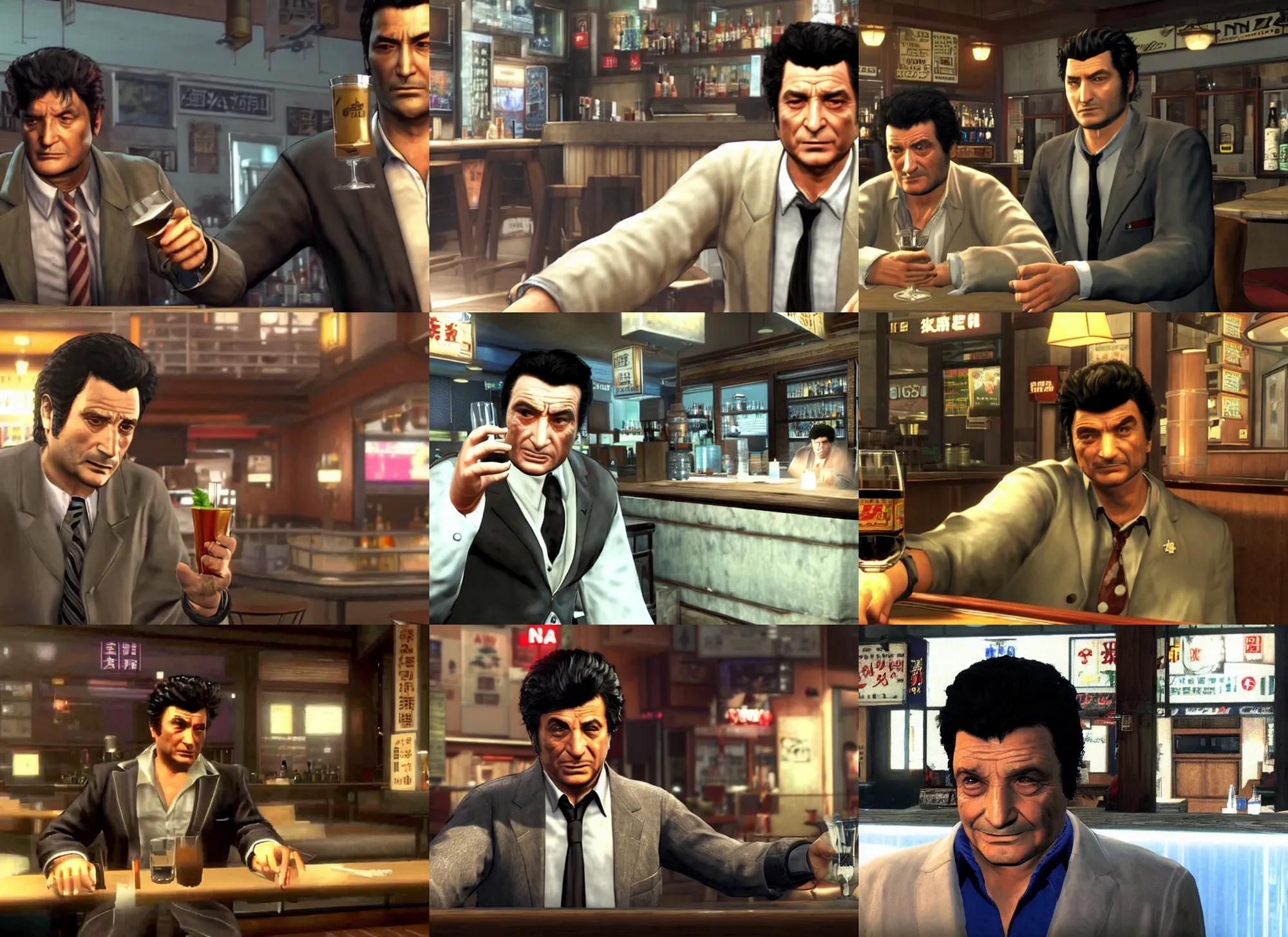 Prompt: video game still of police detective columbo ( played by young peter falk ) in his messy trenchcoat, sitting at a cocktail bar, holding a small glass in the video game yakuza zero. detailed pores