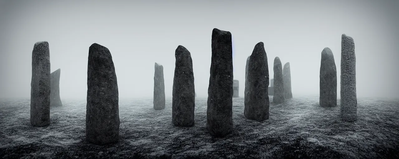 Prompt: a miniature diorama of neolithic standing stones, macro photography, grainy, snow, highly detailed, gloomy and foggy atmosphere, octane render, cinematic lighting tri - x, 8 k, hd