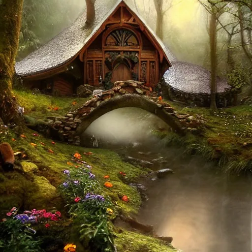 Image similar to hobbit in medieval hobbit house, ornate, beautiful, atmosphere, vibe, mist, smoke, fire, chimney, rain, wet, pristine, puddles, melting, dripping, snow, creek, lush, ice, bridge, forest, roses, flowers, by stanley artgerm lau, greg rutkowski, thomas kindkade, alphonse mucha, loish, norman rockwell