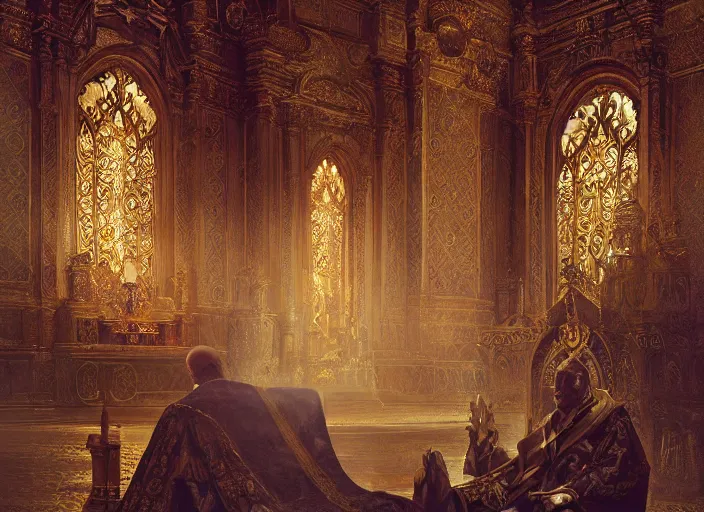 Prompt: kneeling before the pope, royal robe, gold trim, light effect, hyper detailed, intricate, mysticism, atmospheric, elegant, photorealistic by michael komarck, greg rutkowski, victo ngai, artgerm, willem claesz heda and j. dickenson