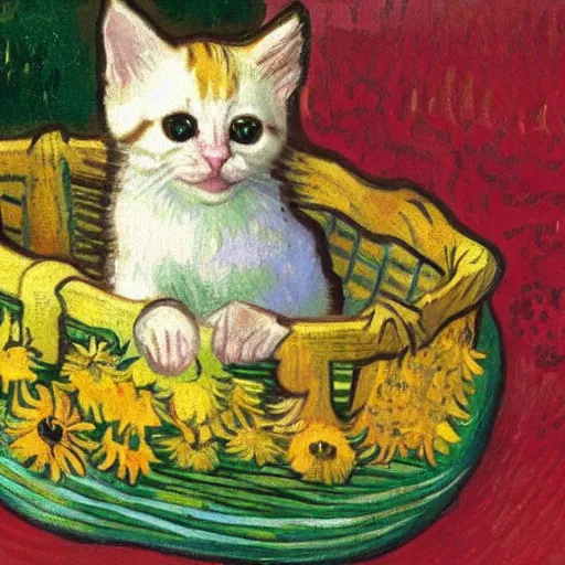 Image similar to cute kitten sitting in a basket of flowers floating down a river, surrounded by a lush forest, historic painting by van gogh, stunning detail, 8 k, beautiful