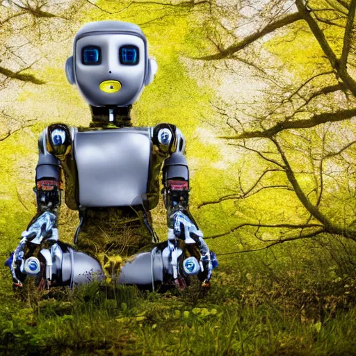 Prompt: professionnal photo of highly detailed robot sitting cross legged with its head pointing down on a small hill in a fantasy forest with blooming trees