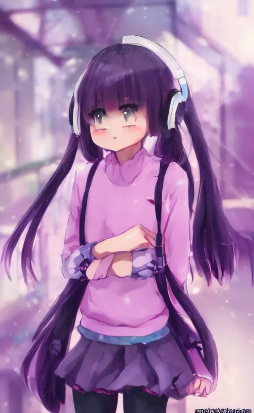 Image similar to anime girl with pink ponytail, wearing purple headphones, wearing a green sweater, with a smile on her face and her eyes closed, walking down a street, dynamic lighting, photorealistic fantasy concept art, trending on art station, very detailed, anime concept art, stunning visuals, creative, cinematic, ultra detailed