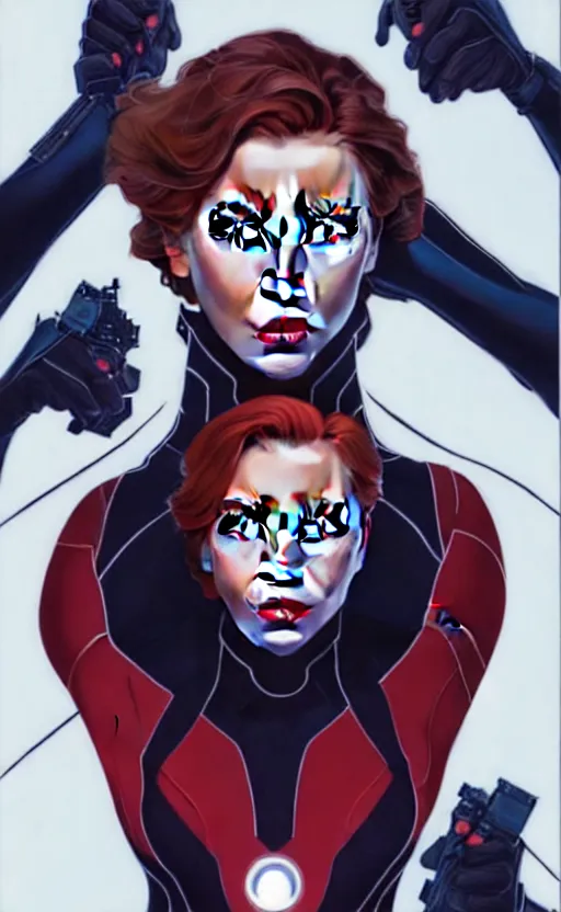 Image similar to rafeal albuquerque comic art, joshua middleton comic art, artgerm, cinematics lighting, night time, pretty scarlett johansson black widow, big smirk, symmetrical face, symmetrical eyes, long red hair, full symmetrical body, flying in the air, jumping off rooftop