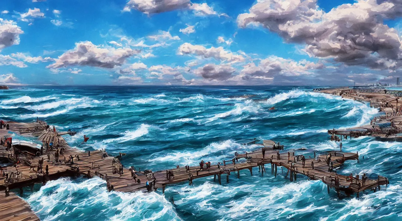 Image similar to ocean side beach blue sky clouds waves water pier dock beautiful artstation 4 k breathtaking illustration cartoon by jack kirby artstation concept art matte painting